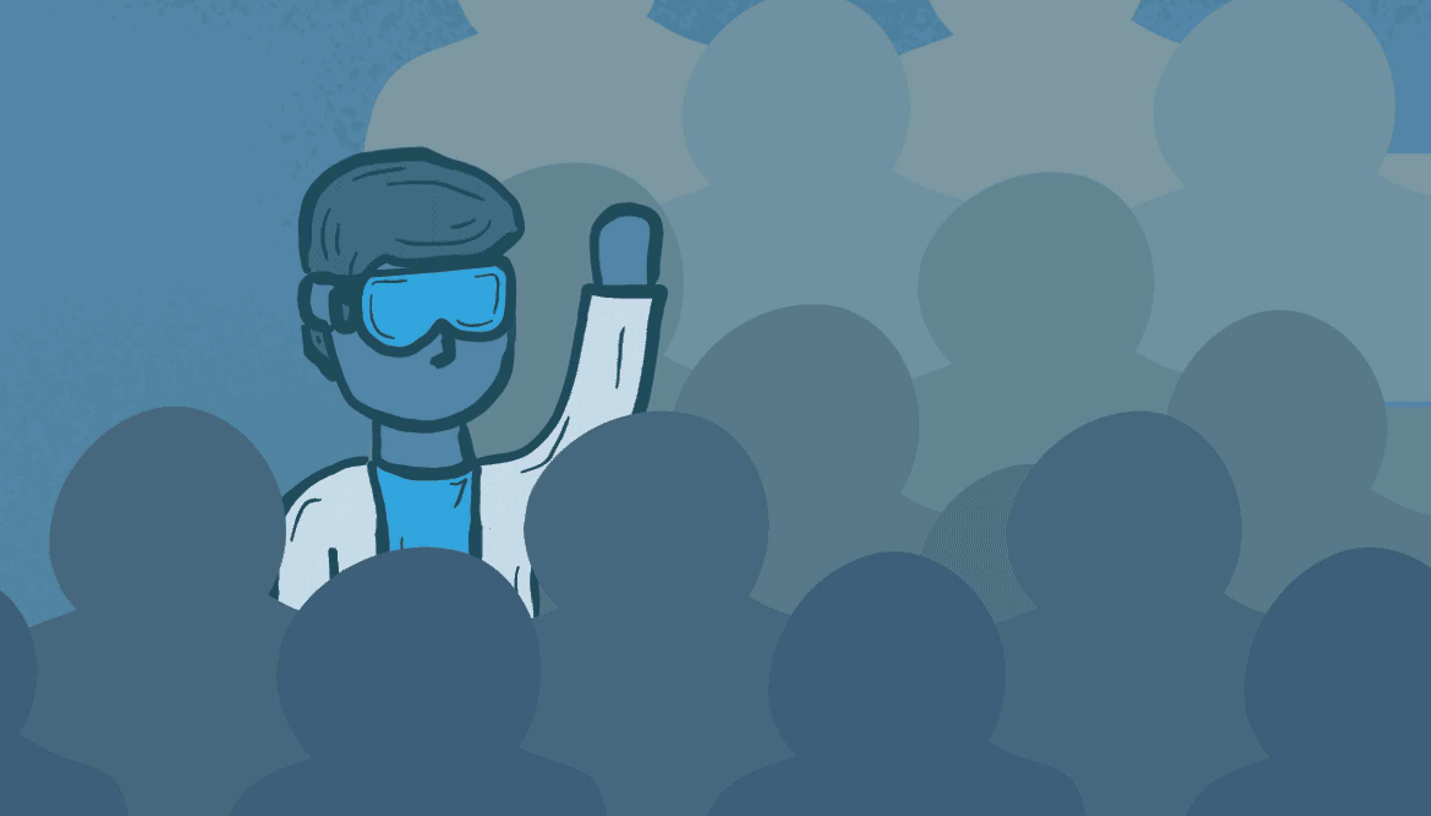 A cartoon image of female scientist talking to a male scientist about lab techniques