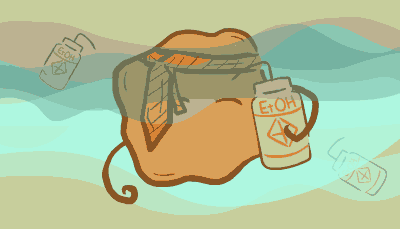 A cell with a tie on their head holds a bottle of EtOH (ethanol) dances 